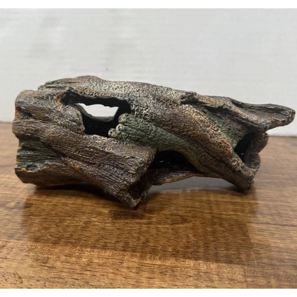 Lot of 3 Faux Log Hide Cave Aquarium Ornaments Polyresin Brown/Green